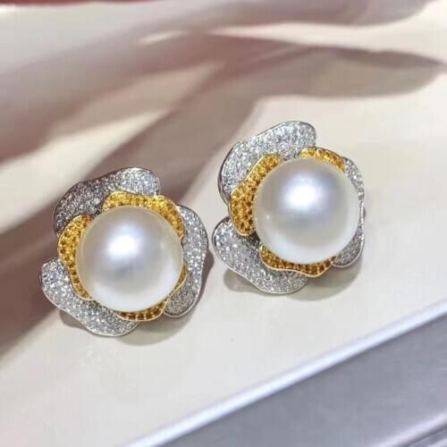 HENGSHENG 2021 Women Wedding Precious 12-13mm Natural-Ocean White Pearls Stud Earrings 925 Sterling Silver Earring Fine Jewelry