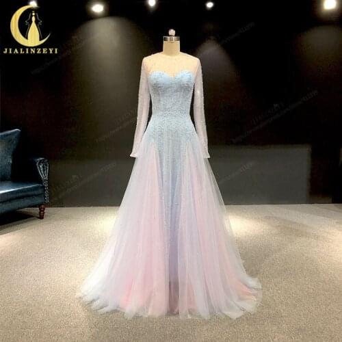 JIALINZEYI Zuhair Murad Long Sleevs Blue With Pearls Crystal robe de soirée de mariage Fromal dress Party Evening Dresses