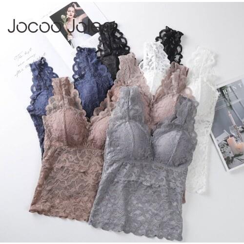 Jocoo Jolee Women Elegant Lace Tank Tops Sexy Mesh Perspective Vest Vintage Harajuku Corset Bra with Padded Fashion Slim Bustier