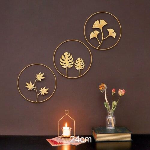 Nordic Style Metal Art Golden Leaf Shape Wall Hanging Decoration Creative Metal Round Wall Shelf Decor For Bedroom Living Room