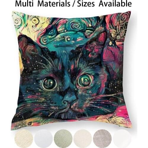 Vincents Cat Pillow Case Throw Pillow Cover Cotton Linen Flax Animals Cat Van Gogh Abstract Digital Oil Painting Pink Blue