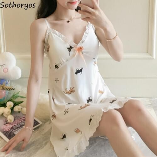 Nightgowns Women Printed Bow Oversize Loose Fashion Sweet Korean Style Nightwear Chic Casual Home Womens Spaghetti Strap Sexy