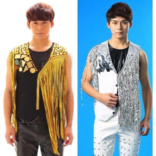 New Gold Stage Costume Men Mirror Dress Vest Coat DJ Costume Gold/Silver Fringe Vest GoGo Dancers Costume Male Nightclub BL2080