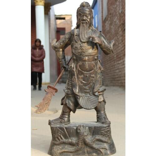 Song voge gem S2191 33" Larger Chinese Bronze Folk Stand Beast Guan Gong Yu Warrior God sword Statue
