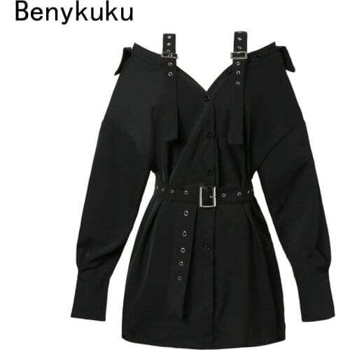 Black Sexy Strap Gothic Punk Style Shirt Dress with Belt Female Off Shoulder Streetwear Long Sleeve Sexy Club Party Mini Clothes