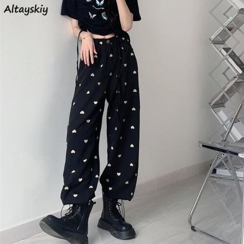 Casual Pants Women Love-printed Plus Size S-4XL Wide-leg Sweet Girls Streetwear Chic Trousers Button-fly All-match Empire Female