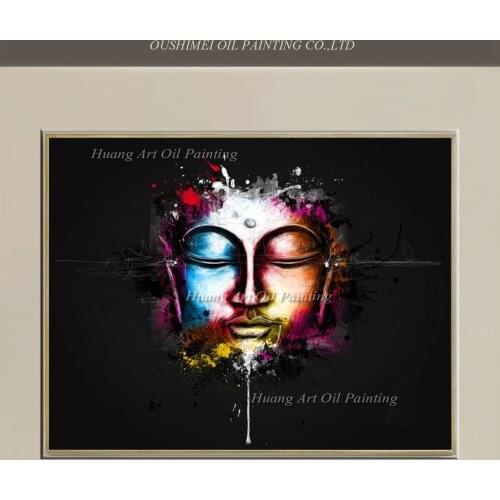 Hand Painted Modern Religious Oil Painting Decorative Buddha Face Painting On Canvas Black Background Art For Room Wall Decor