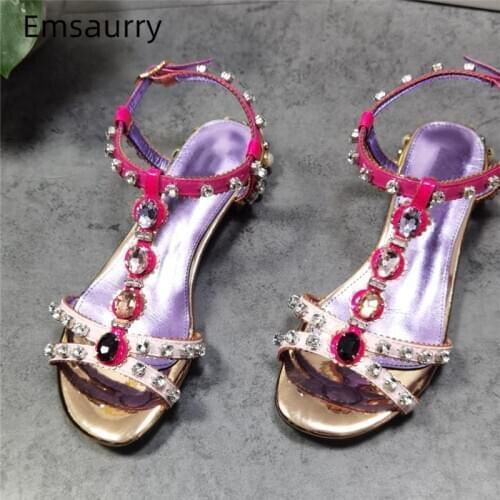 Diamond Rhinestone T-Strap Sandals Women Beading Pearl Decor Flat Heel Real Leather Mixed Color Summer Shoes Woman
