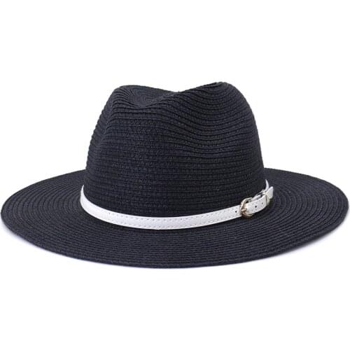 2021 Panama Hat Women Summer Straw Sun Hat Solid Black White Gray Wide Brim Ladies Hats Travel Beach British Fedora