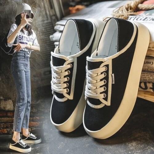 Low Top Shoes Two Canvas Shoes Womens Shoes 2021 Summer New Sports Thick Soled Lace Up Korean Canvas Rubber Casual Shoes White