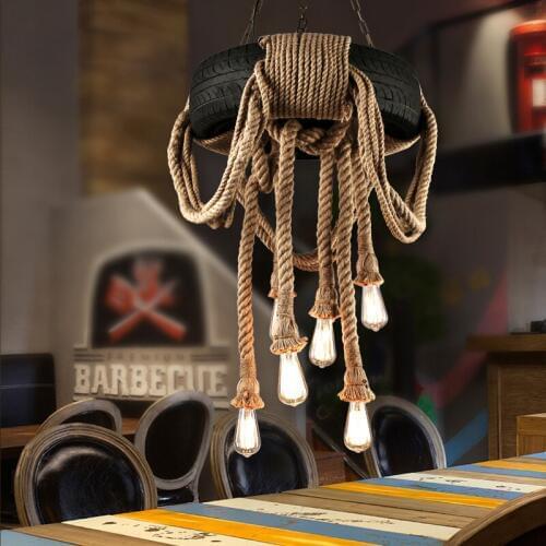 Vintage American Country Hemp Rope Tire Pendant Lights Hanging Lamp Rubber Wheel Suspension for Home Bar Living Room Lighting