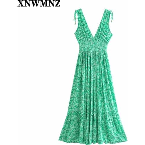 XNWMNZ 2021 Green Floral elastic waist Long Dress Women Summer v-neck Tank Dress Woman Boho Beach Casual Dresses womens robe