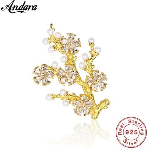 High Quality 925 Sterling Silver Brooch Fashion Elegant Leaf Leaves Pearl Brooch Female Women Fine Jewelry