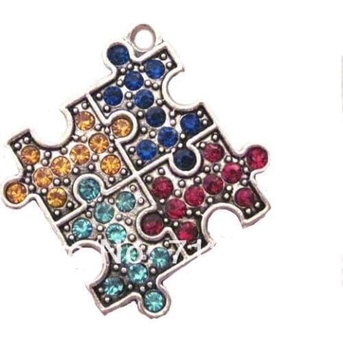 10pcs a lot fashion antique silver plated Autism Hope Multi-Colored Crystal Puzzle Pendant(A100073)