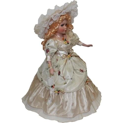40cm Elegant Ceramic Female Doll Victorian In Beige Long Dress Suit Decor
