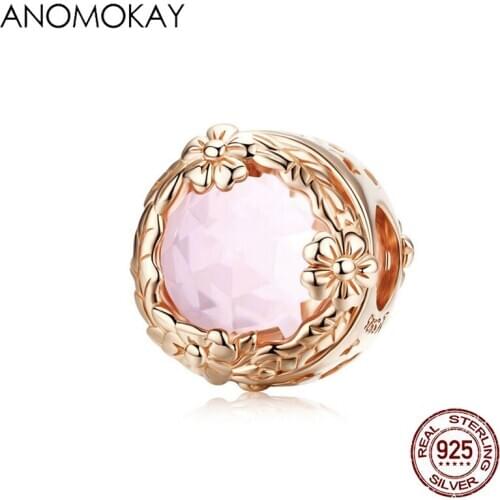 Anomokay Rose Gold Color Butterfly Lace Gardon Round Beads fit Bracelet Bangle Lovely Pink Crystal Flower Charm for DIY Jewelry
