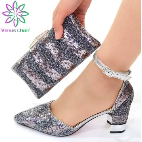 Elegant 2021 Leisure Style Nigerian Women Shoes Matching Bag Set in Silver Color High Quality Slingbacks Sandals for Party