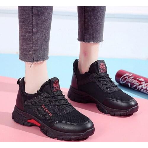 Spring Women Walking Sneakers Fashion Casual Lace Up Running Flats Breathable Soft-Soled Black Adult Ladys Casual Shoes