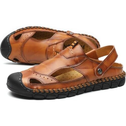 Summer Men Genuine Leather Casual Beach Leisure Non-slip Soft Breathable Fashion Rubber Handmade Outdoor Hombre Men Size38-46