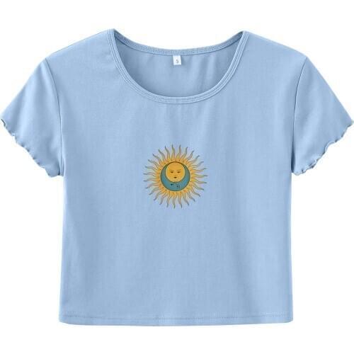 Summer Short Womens Tee Shirt Fashion Sun Moon Printed Navel T-shirt Short Sleeve Round Neck Top koszulka damska Femme T-shirts