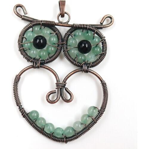 Copper Wire Wrap Wisdom Owl Green Aventurine Pendant for Gift Tiger Eye Stone Vintage Jewelry
