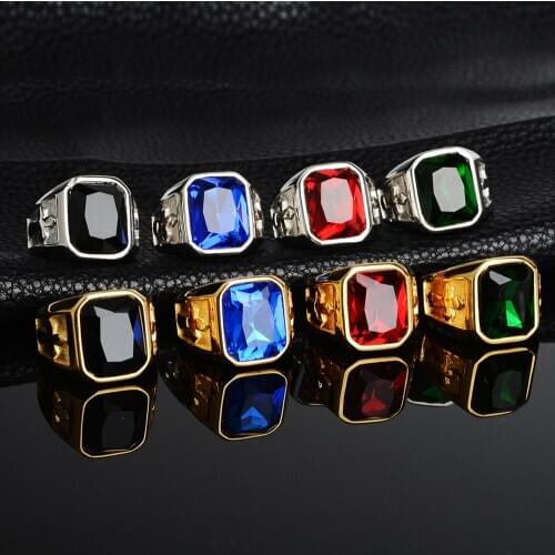 Not Fade Stainless Steel Vintage CZ Green Stone Cross Mens Rings US Size 7-13 Drop Shipping