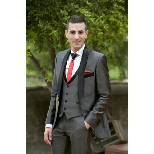 New Tailored Smoking Grey Satin Suit Men Slim Fit 3 Piece Groom Wedding Suits Custom Blazer Prom Tuxedo Ternos Jacket+Pant +Vest