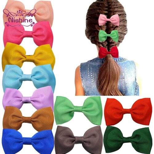 Nishine 10pcs/lot 7*3.6 CM Solid Color Grosgrain Ribbon Bows Infant Bangs Hairpins Fashion Duckbill Clips Sweet Hair Accessories
