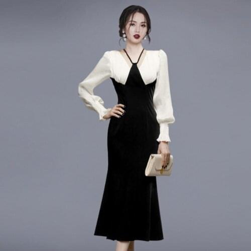 LLZACOOSH New Fashion 2021 Women Autumn Lantern Sleeve V Neck High Waist Elegant Patchwork Slim Mermaid Casual Dresses