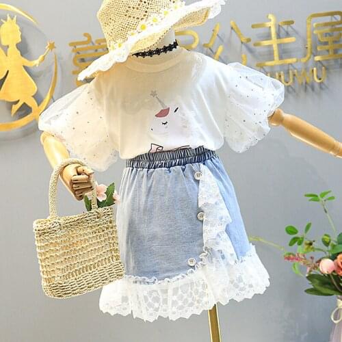 Children Clothing Summer Girls Cartoon Puff Sleeve Blouse Lace Stitching Denim Skirt 2pcs Suit