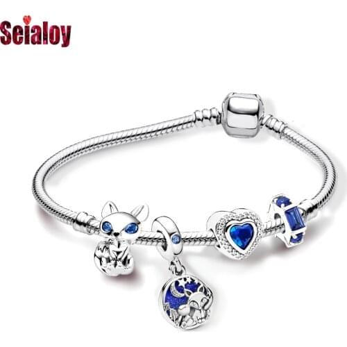 Seialoy New Blue Crystal Fox Beads Silver Color Charm Bracelets For Women Original Shiny Chinese Style Children Bangle Jewelry
