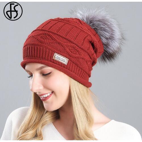 FS 2020 Winter Warm Ear Protection Knitted Hat Real Raccoon Fur Pompom Beanie Hats For Women Female Ski Skullies Beanies