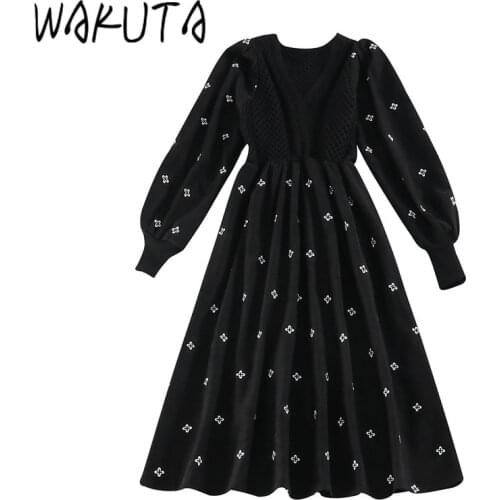 WAKUTA Embroidery Floral Black Corduroy Dress Women Vintage Elegant High Waist Puff Long Sleeve Midi Dress Female Chic All Match