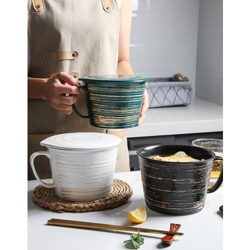 Japanese 850ml Ceramic Noodle Cup Bowl With Lid Breakfast Coffee Yogurt Mug Salad Bowl