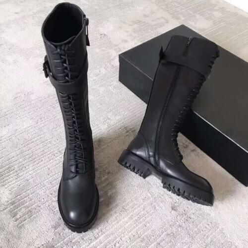 Women Shoes Knee-length Chunky Boots Black Leather Lace-up Front Fastening Buckle Boots