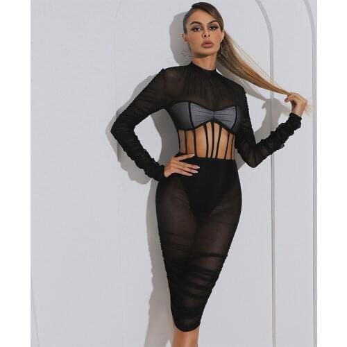 Womens Clothing Summer 2021 New Bodycon Bandage Dress Patchwork Sexy Hollow Out Club Party Clothes