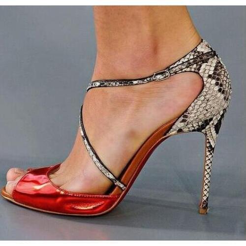 Ummer New Brand Woman Red Patent Leather Snake Skin Python Patchwork Buckle Strap Peep Toe Thin Heels Party High Heel Sandals