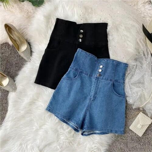 JMPRS Super Elastic Women Short Jeans Summer Single Breasted Fashion High Waist Wide Leg Denim Shorts Casual Korean Black Shorts