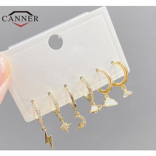 CANNER 3 Pairs/set Simple Circle Star Moon Earth Pendant Hoop Earrings For Women Zircon Gold Color Round Huggie Earring Jewelry