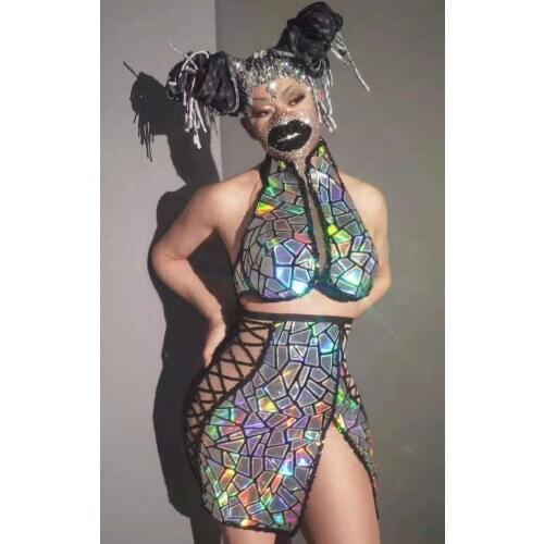 Shining colorful Colors Sequins Dress Women Sexy Hollow Out Bandage 2-Pieces Set Bodycon Dress Nightclub Singer Dancer Stage