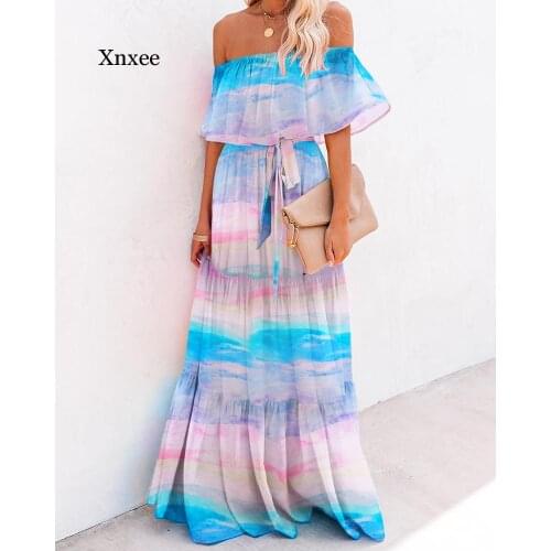 Off Shoulder Gradient Color Ruffles Maxi Dress Summer Women Elegant Gown Maxi Dress Female Stylish Long Party Dress beach blue