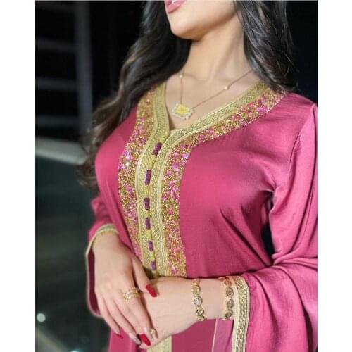 2021 Pink Dress for Women Print Jalabiya Dubai Oman Arabic Muslim V Neck Long Sleeve Diamond Glisten Islamic Clothing