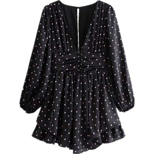 2021 Retro Women Pink Polka Dot Print Black Long sleeve Mini Dress Sexy Pleated Ruched Hollow Out Back Party Dresses S152