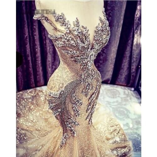 2021 Gold Prom Dresses Mermaid African Evening Gowns Sheer Jewel Beaded Backless Modest Formal Party Special Occasion Dress