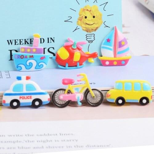 50pcs Mix Cartoon Bicycle Police Car Helicopter School Bus Sailing Ship Flatback Planar Resin Cabochon DIY Craft Embellishments