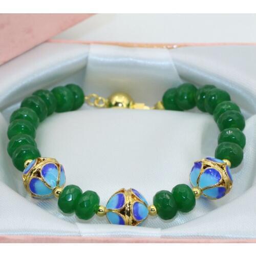 Bohemia style exquisite gold-color cloisonne 5*8mm stone jades green abacus chalcedony beads clasp bracelet jewels 7.5inch B2754