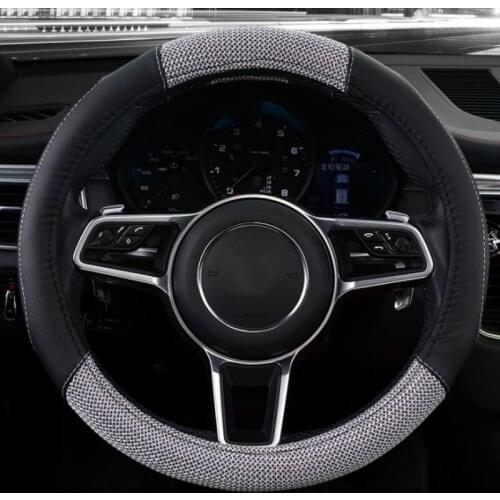 Black PU Leather Flax Fiber Car Steering wheel Cover 38CM Universal Car-styling Auto Steering Wheel Covers Anti-Slip