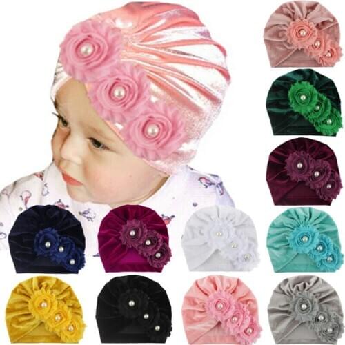 Baby Accessories Newborn Infant Kids Baby Boy Girl Indian Turban Twist Knot Velvet Beanie Hat Pearl Flower Solid Soft Cap