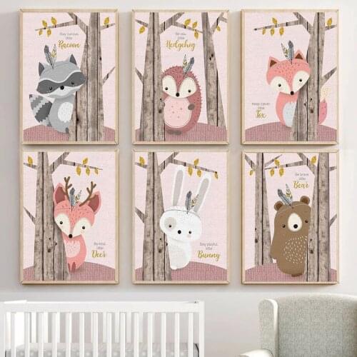 Baby Animals Wall Art Poster Print Pink Forest Rabbit Fox Bear Deer Canvas Painting Nursery Wall Pictures for Girls Bedroom Art