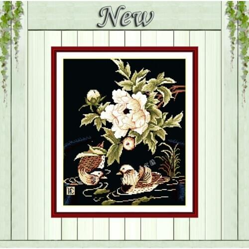 Mandarin ducks flowers black cloth painting counted on canvas DMC 14CT 11CT unprinted Cross Stitch Embroider kits Needlework Set
